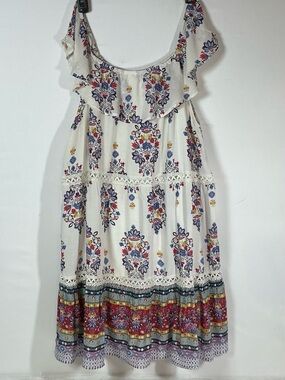 Eyeshadow Cream Floral Midi Dress with Blue, Red and Yellow Motif